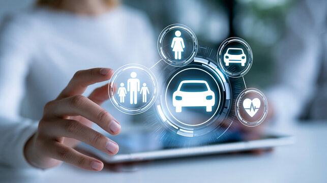Close-up of an insurance online concept on a virtual screen with family, life, car and health icons, digital insurance concept, virtual icon photography, online coverage