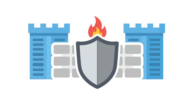 shield with castle towers and flame flat vector illustration
