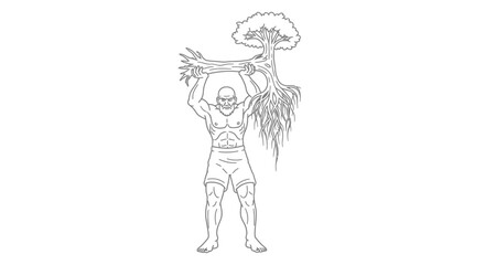 Fototapeta premium Strong Man Uprooting Tree with Roots, Symbolizing Power, Nature, and Resilience