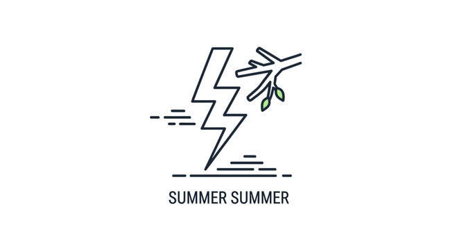 Summer Storm Icon: Lightning Strike Splits Tree Branch with Leaves, Representing Nature's Power