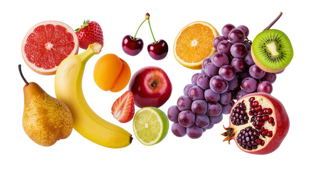 Assortment of fresh fruits including pear banana strawberry apple lime grapes orange kiwi cherry apricot, and pomegranate