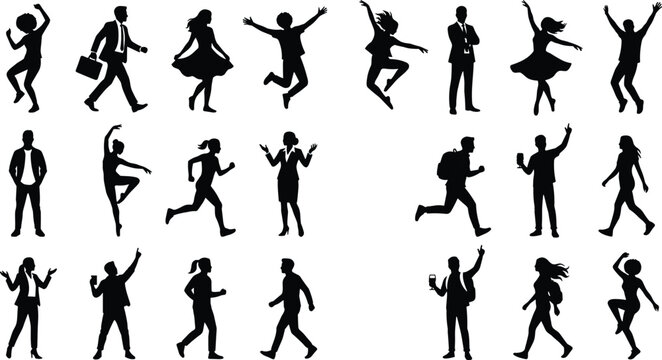 Silhouette vector illustration of happy active people jumping dancing running celebrating and corporate business professionals in diverse dynamic poses