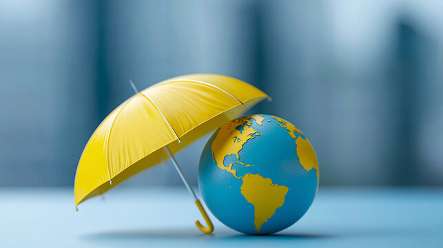 Close-up of a travel insurance safe trip concept visualization with globe and umbrella protection, global travel concept, insurance globe photography, safe international journey