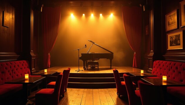 Empty jazz club stage features grand piano under spotlight. Red velvet seating and tables create intimate atmosphere for musical performance or jazz night entertainment.