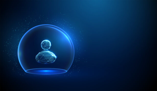 3d blue avatar icon under transparent glass dome. Digital identity, personal data protection, secure user profile, account safety, privacy control, account security concept