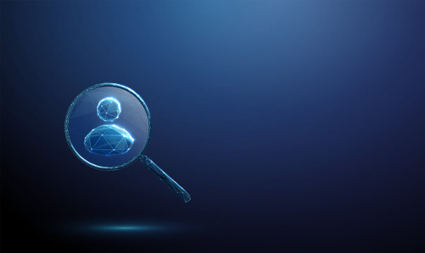 3d avatar icon under magnifying glass. User profile analysis, identity verification, AI assistant monitoring, virtual agent inspection, account review, hiring concept