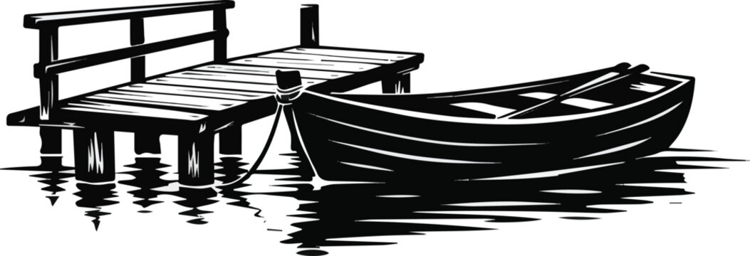 Generated on black and white wooden boat small bridge dock monochrome vector art on white background