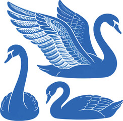 Generated on Three stylized blue swans in various poses, from intricate open wings to graceful curved necks vector art on white background © Tania masud