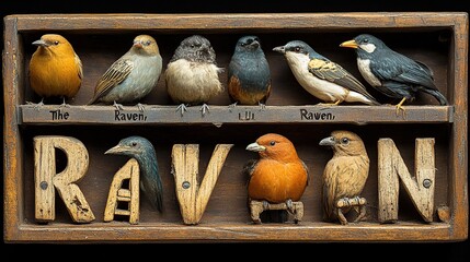 Fototapeta premium Whimsical Rustic Wooden Shelf Display Featuring Colorful Perched Birds Above Carved RAVEN Letters
