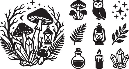 Fototapeta premium Whimsical forest magic mystical symbols and icons set