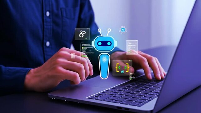 Artificial Intelligence and software development concept representing AI assistant for coding and automated program engineering with digital robot icon and data script