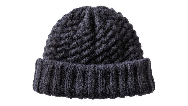 Dark blue knitted beanie with cable knit pattern