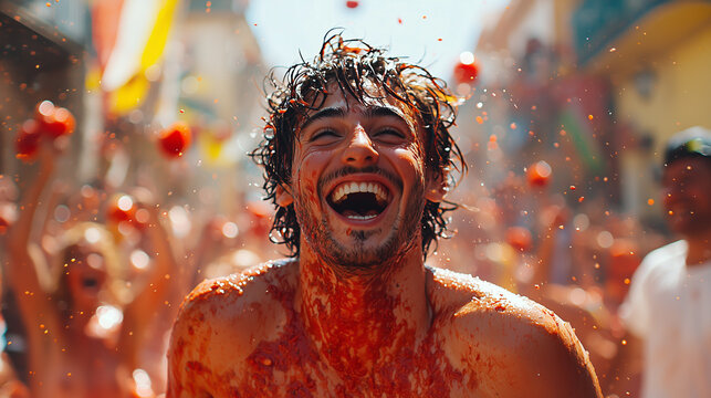 Joyful celebration at La Tomatina festival in Bunol, Spain with tomato throwing