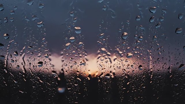Water droplets on window pane against dark blue sunset sky