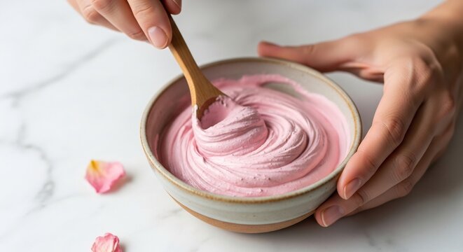 Close-up of hands mixing pink frosting or batter in a bowl with a wooden spoon.