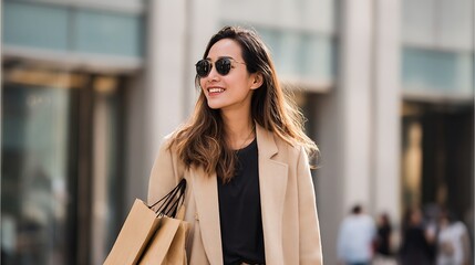 Obraz premium Young Woman with Shopping Bags Enjoys a Sunny Day Outdoors.