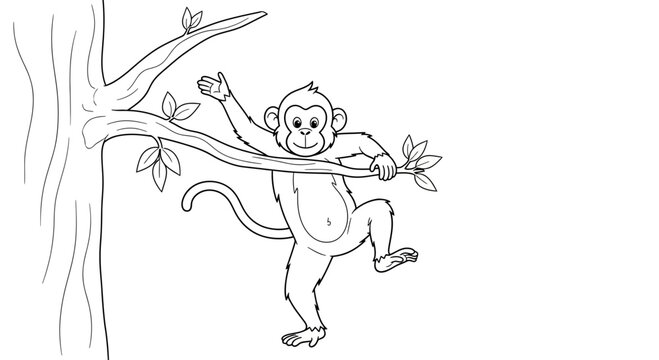 Cute monkey hanging on a tree branch, black and white line art, suitable for coloring pages
