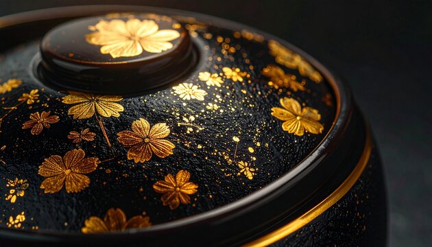 漆黒の漆器に施された黄金色に輝く繊細な金箔の美しいマクロ写真