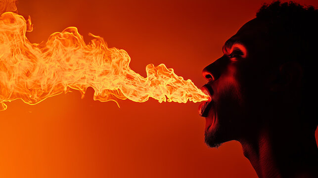 Fire breather dazzles against a vibrant orange backdrop at night