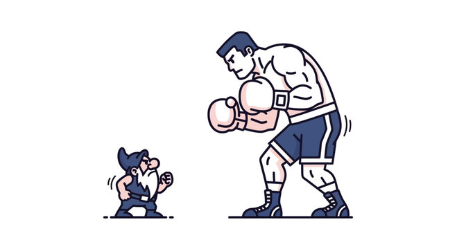 Tiny Gnome Boxer Faces Giant Muscular Man in Boxing Ring - Underdog Concept