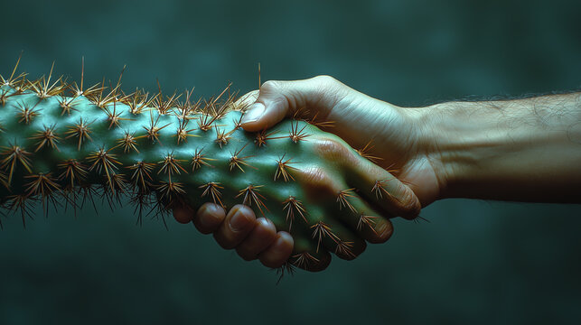 Unique handshake between a cactus and a human hand in artistic expression