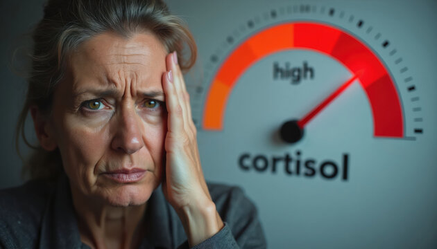 Woman clutches head, brow furrowed, with a meter showing high cortisol level. She looks stressed and worried about her health condition and emotional state.