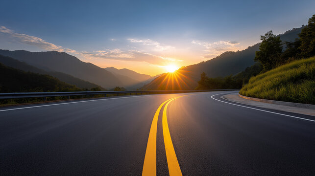 Sun flare on road curve at sunset landscape photorealistic 