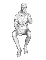 Fototapeta premium Man in hoodie sits thoughtfully on chair, hand on chin, while enjoying coffee from polygonal cup in monochrome setting.