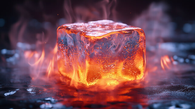 Unique contrast of fire and ice with glowing orange ice cube on black surface