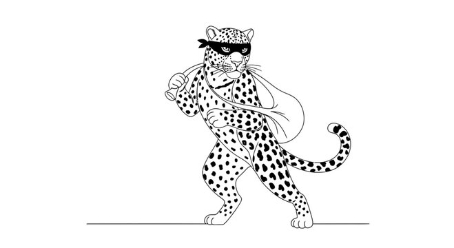 Cheetah thief with mask and sack, cartoon, black and white, animal robber