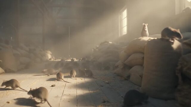 A massive rat infestation swarms through a sun-drenched, dusty warehouse filled with grain sacks. Rays of light pierce the gloom, highlighting the frantic movement of rodents in the dark.