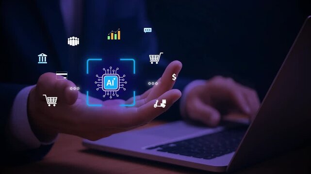AI CRM Customer Service and Data Analysis with a chat bot. Artificial intelligence and CRM software technology, a customer service center