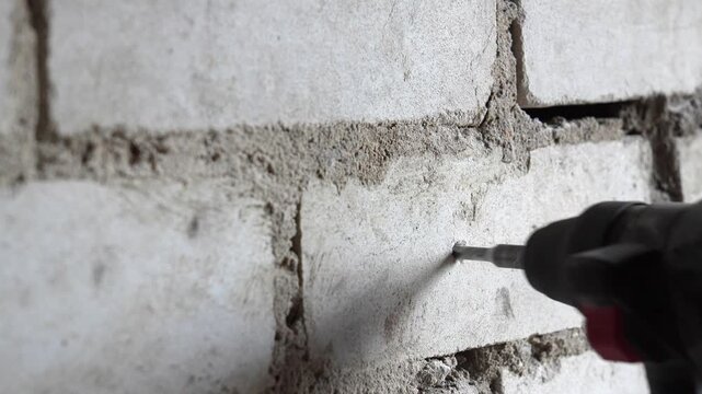 Closeup of an electric drill making a hole into a white brick wall and a worker's hand in a glove inserting a plastic dowel for a screw during home renovation or construction work