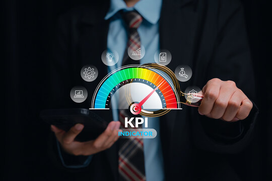 Performance metrics dashboard, businesswoman holding smartphone with KPI gauge interface, data analysis goal tracking and management insight