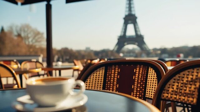Enjoying Coffee While Planning a Vacation in Paris Near the Eiffel Tower Generative AI