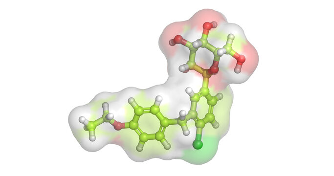 Dapagliflozin, drug/SGLT2 inhibitor for type 2 diabetes and heart failure, 3D molecule 4K