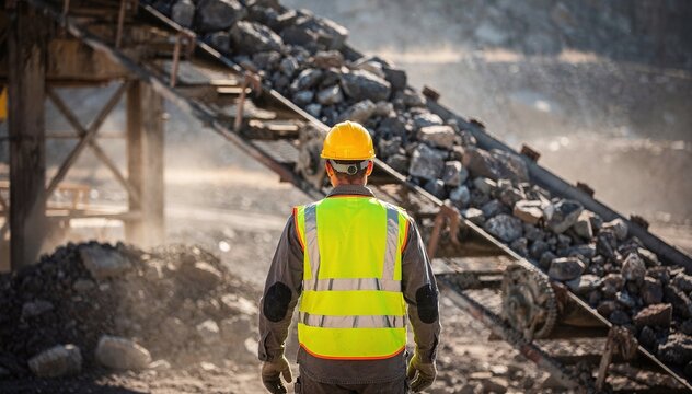 Rear view of a man in protective workwear, including a yellow hard hat and high-visibility vest, overlooking a rock crushing machine in a quarry or construction site. The conveyor belt is laden with r