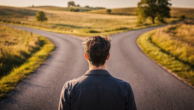 Young adult stands at a crucial crossroads on a rural paved road, contemplating two diverging paths amidst golden fields and distant trees under a warm, soft sunset glow