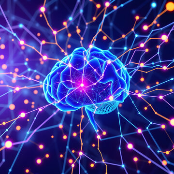 Cervello digitale luminoso in una rete neurale astratta, concetto di intelligenza artificiale e machine learning, rendering 3D	