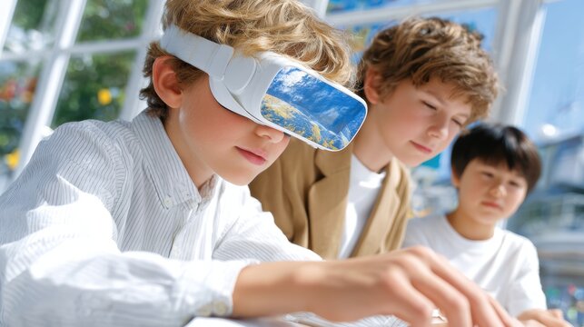 School tech club children using vr headsets for interactive learning and stem workshop banner for education program promotion