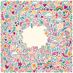 Naklejka premium Vibrant doodle background composition with fun illustrations and colorful designs