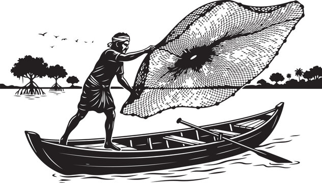 Vintage fisherman, black and white, throwing net from boat, illustration, retro style, fishing scene, monochrome
