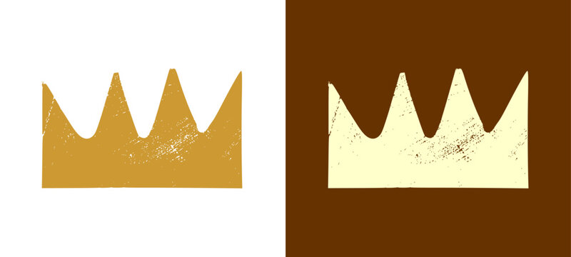 Pair of gold distress texture king crown shapes featuring rustic rough charcoal marker brush frames for dynamic urban stamp badge clothing design layout presentation clip art graphic set.