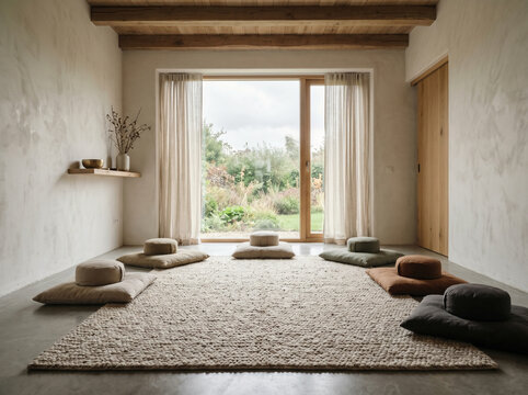 Zen Somatic Experiencing Studio with Meditation Cushions and Textured Rug for Nervous System Regulation and Wellness
