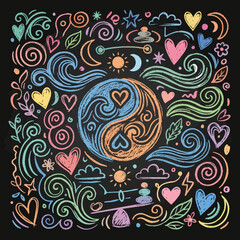 Fototapeta premium Vibrant vector composition of swirling shapes and symbols surrounds a yin yang heart design on a black background with colorful hearts and leaves