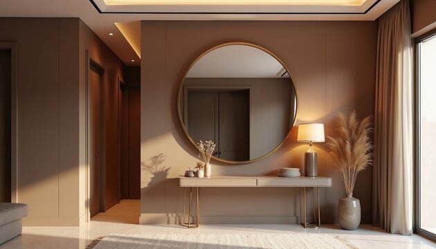 Modern hallway interior with gold framed round mirror and console table. Warm neutral palette features soft lighting. Elegant home decor includes pampas grass and table lamp.