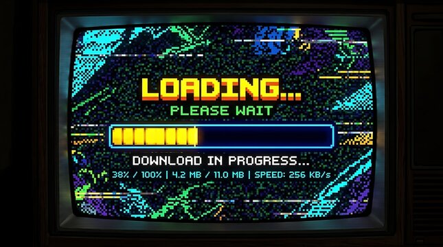 Retro pixel art loading screen on a vintage television monitor with glitch effects.