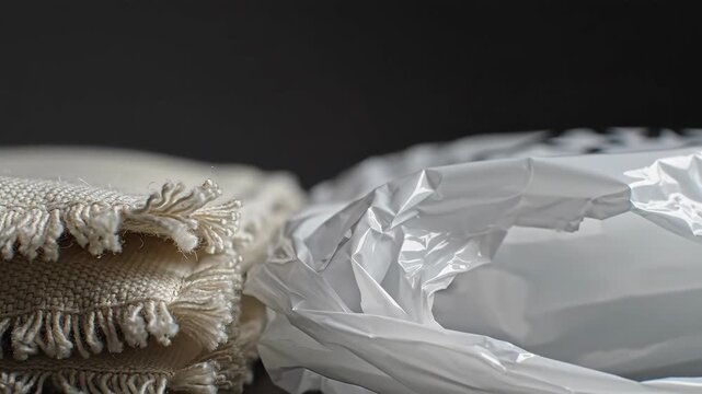 Textile fabric stack placed beside a crinkled plastic bag on a dark table surface. Household waste management and material recycling conceptual comparison study