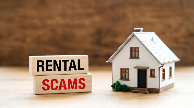 Rental scams warning text on wooden blocks, miniature house model on table, real estate fraud and housing crime concept