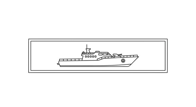 Outline of a modern patrol boat with a cabin and radar, isolated on white